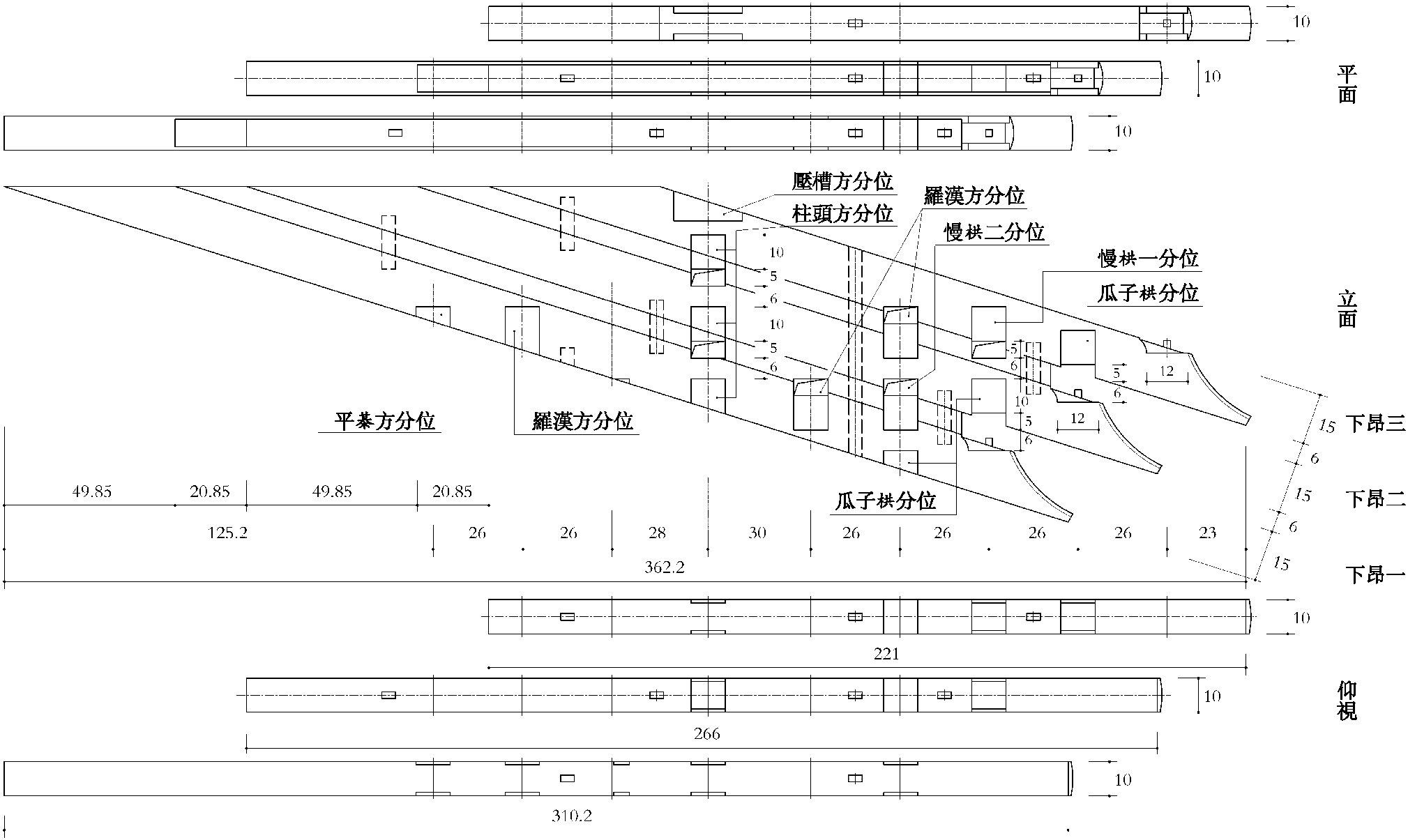 三、八鋪?zhàn)髦貣沓鲭p抄三下昂，裹轉(zhuǎn)六鋪?zhàn)髦貣沓鰞沙?，並計(jì)心柱頭鋪?zhàn)鲌D樣二十二